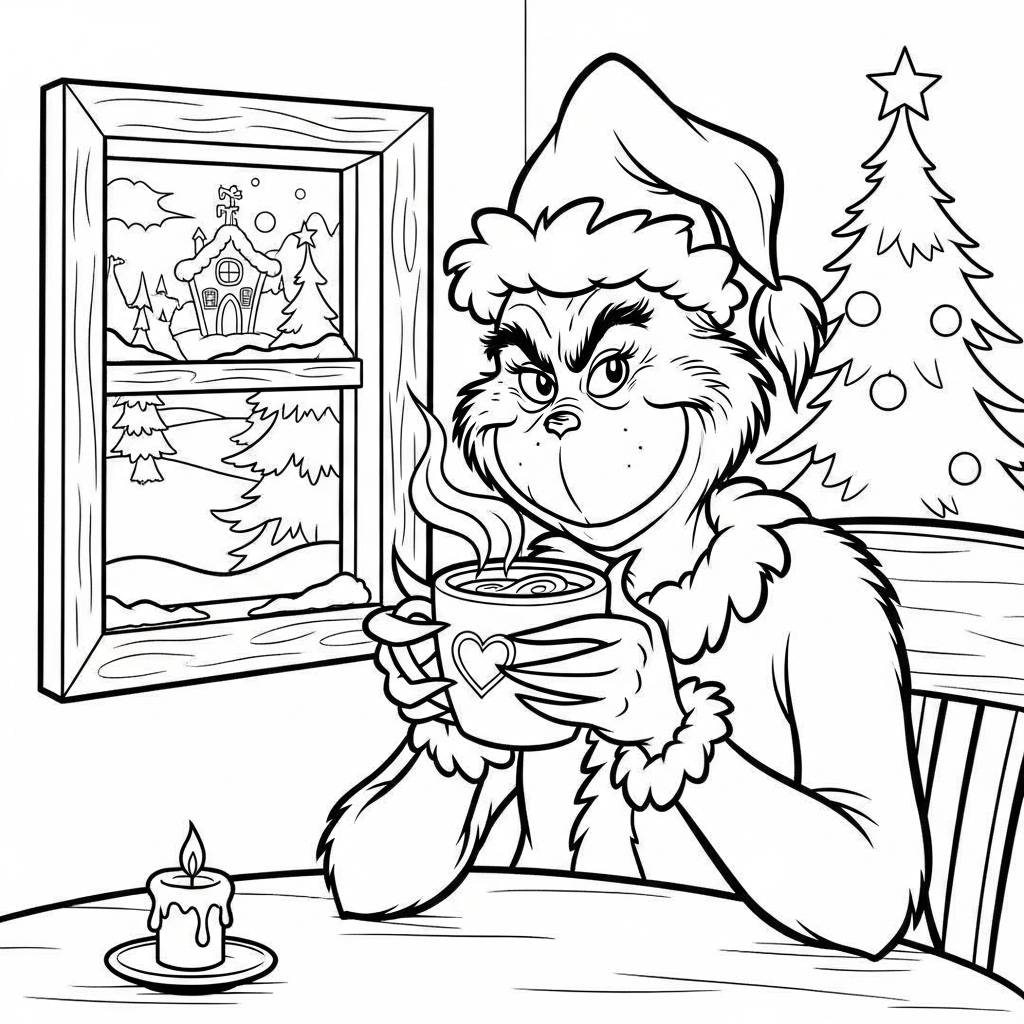 Grinch with Cup of Cocoa Coloring Page