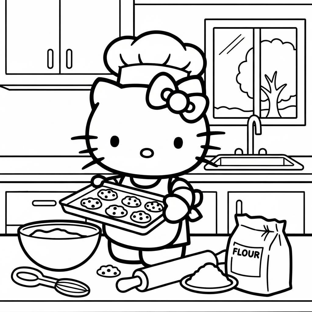 Hello Kitty Baking Cookies Kitchen Coloring Page