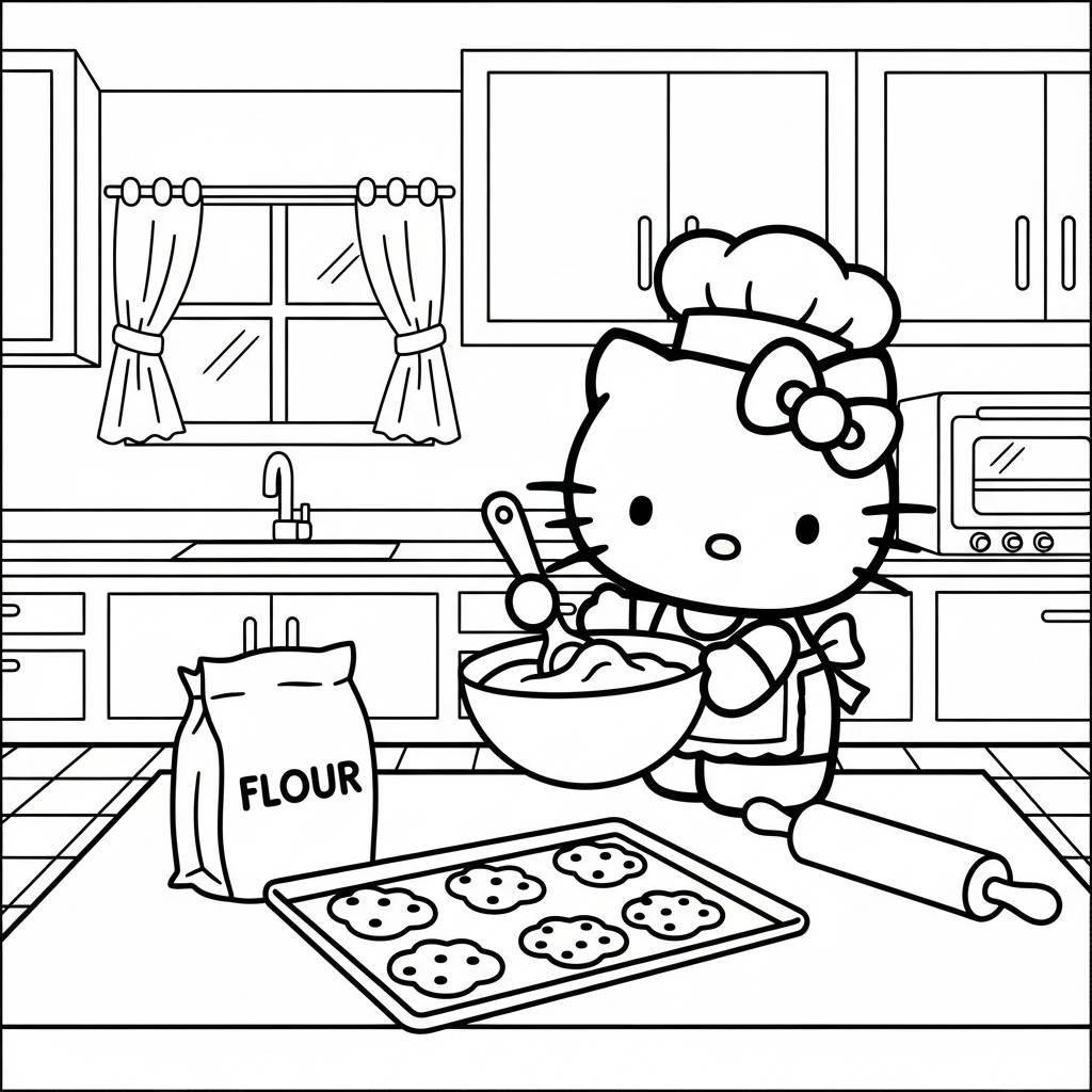 Hello Kitty Baking Cookies Kitchen Coloring Page