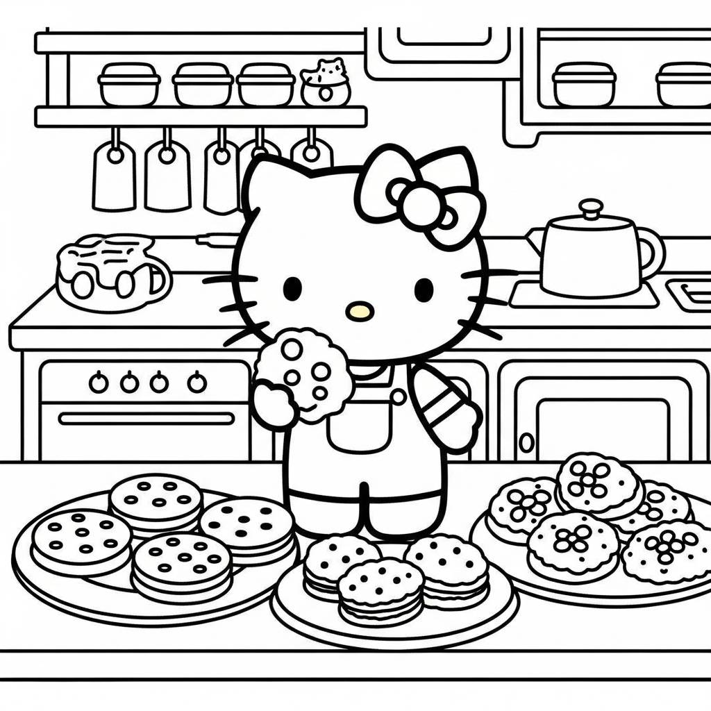 Hello Kitty Baking Cookies Kitchen Coloring Page