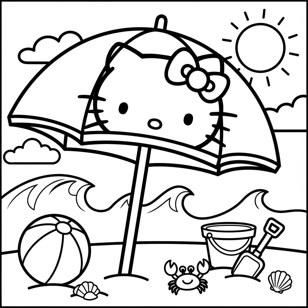 Hello Kitty Beach Umbrella Summer Coloring Page