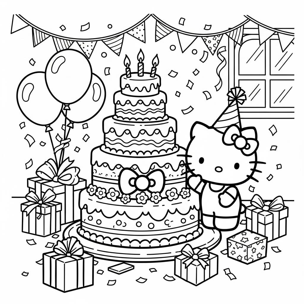 Hello Kitty Birthday Cake Celebration Coloring Page