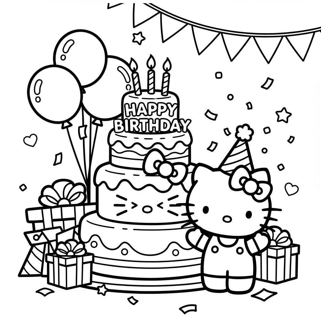 Hello Kitty Birthday Cake Celebration Coloring Page