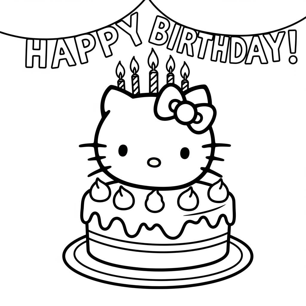 Hello Kitty Birthday Cake Celebration Coloring Page