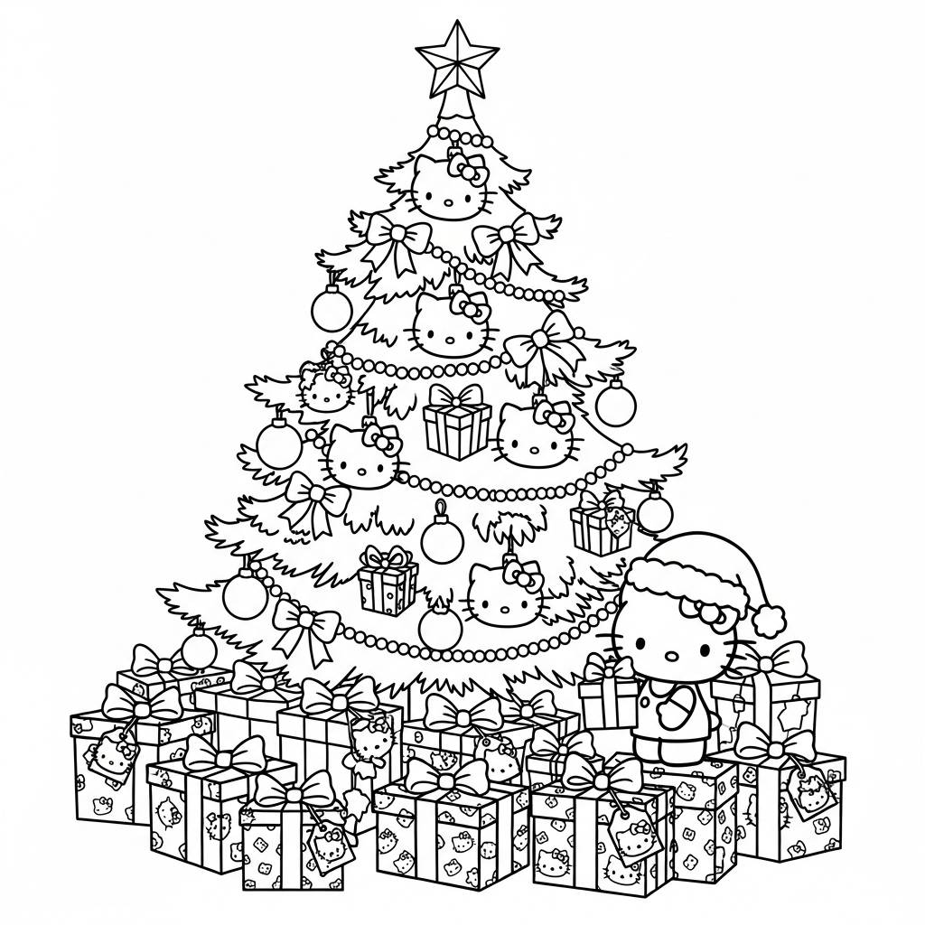Hello Kitty Christmas Tree Presents Coloring Page