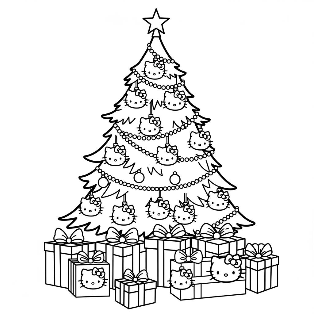 Hello Kitty Christmas Tree Presents Coloring Page