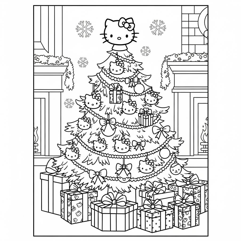 Hello Kitty Christmas Tree Presents Coloring Page