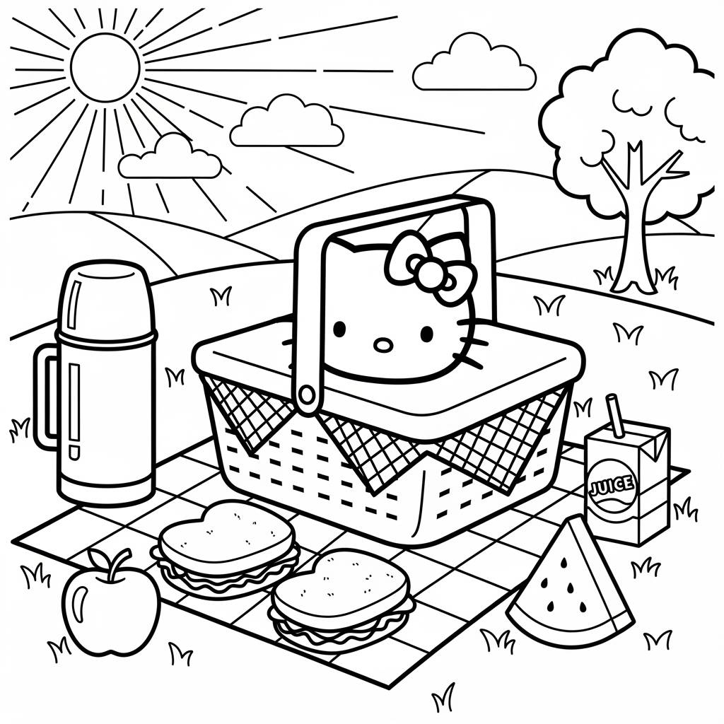 Hello Kitty Picnic Basket Outdoors Coloring Page