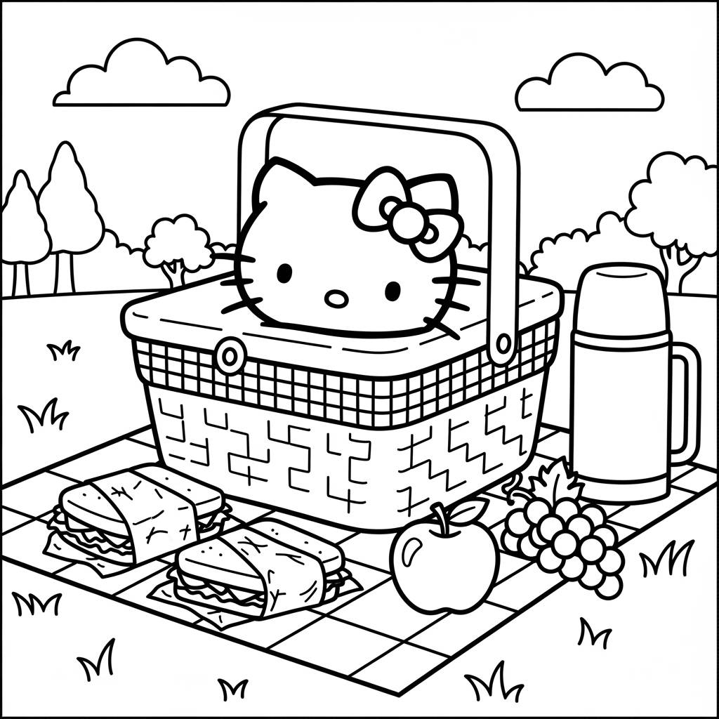 Hello Kitty Picnic Basket Outdoors Coloring Page