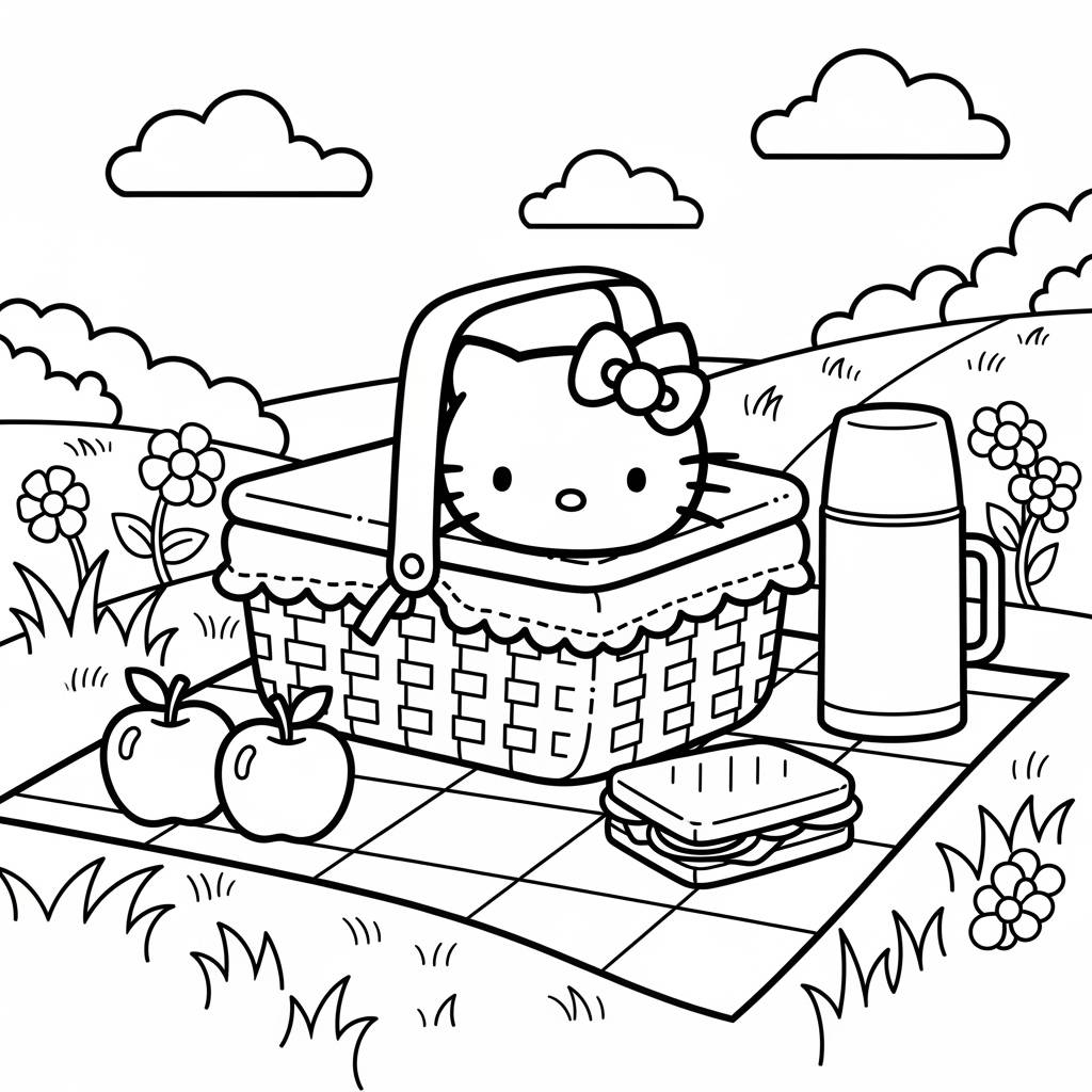 Hello Kitty Picnic Basket Outdoors Coloring Page
