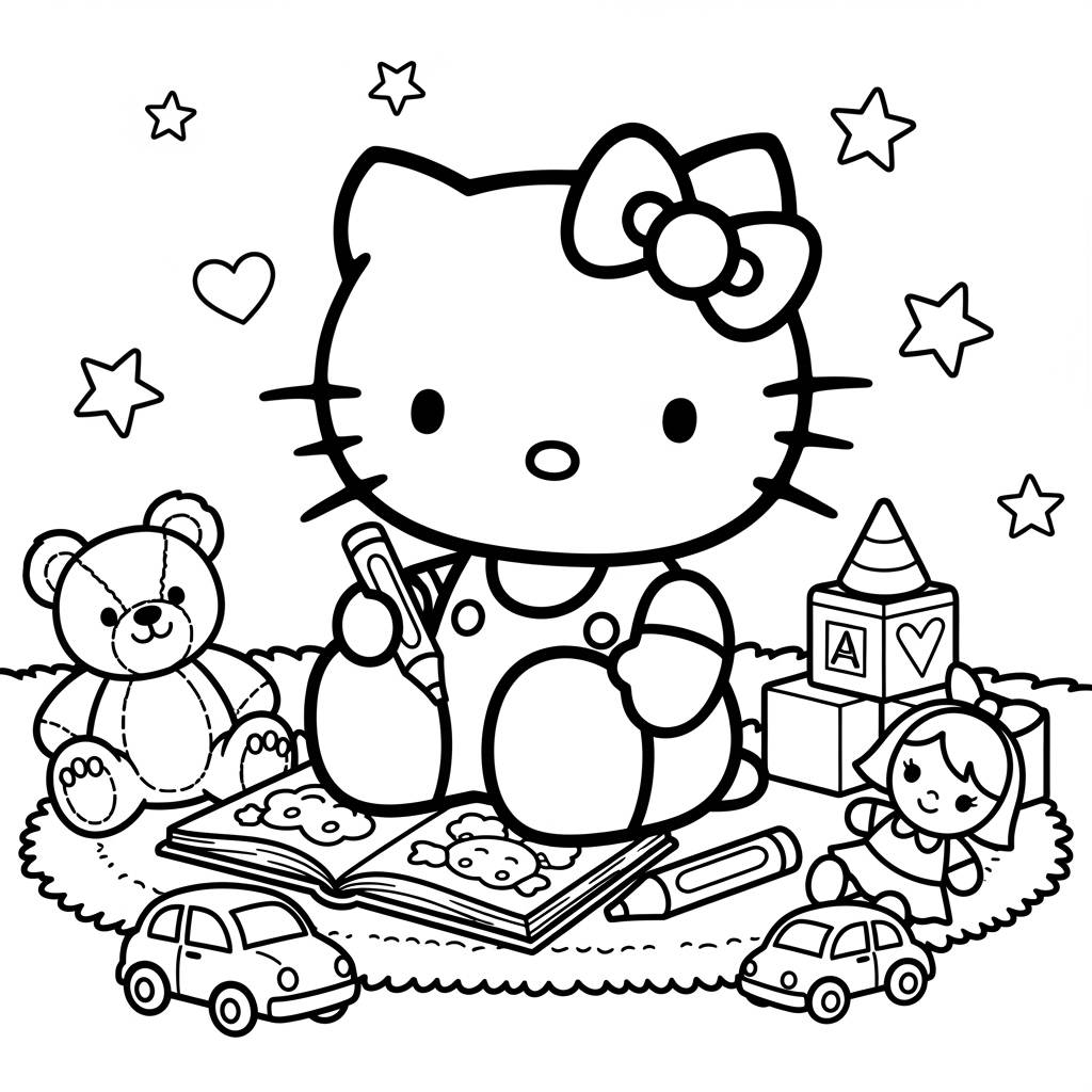 Hello Kitty Playing Toys Happy Coloring Page