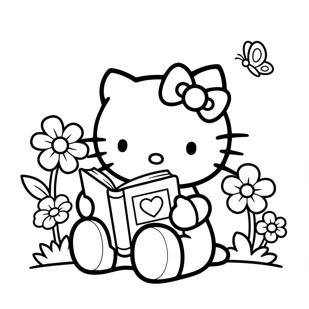 Hello Kitty Reading Book Story Coloring Page
