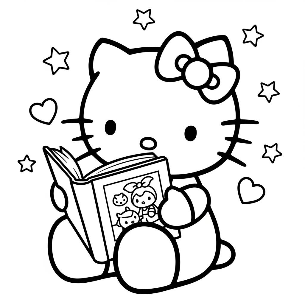 Hello Kitty Reading Book Story Coloring Page