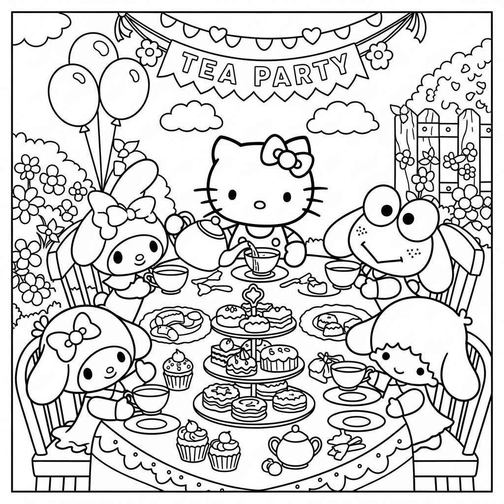 Hello Kitty Tea Party Cups Coloring Page