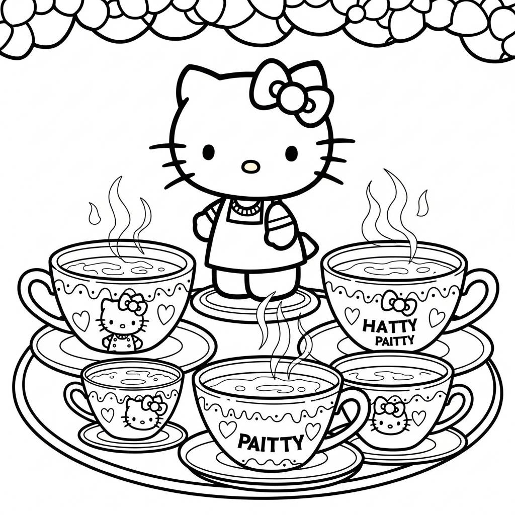 Hello Kitty Tea Party Cups Coloring Page