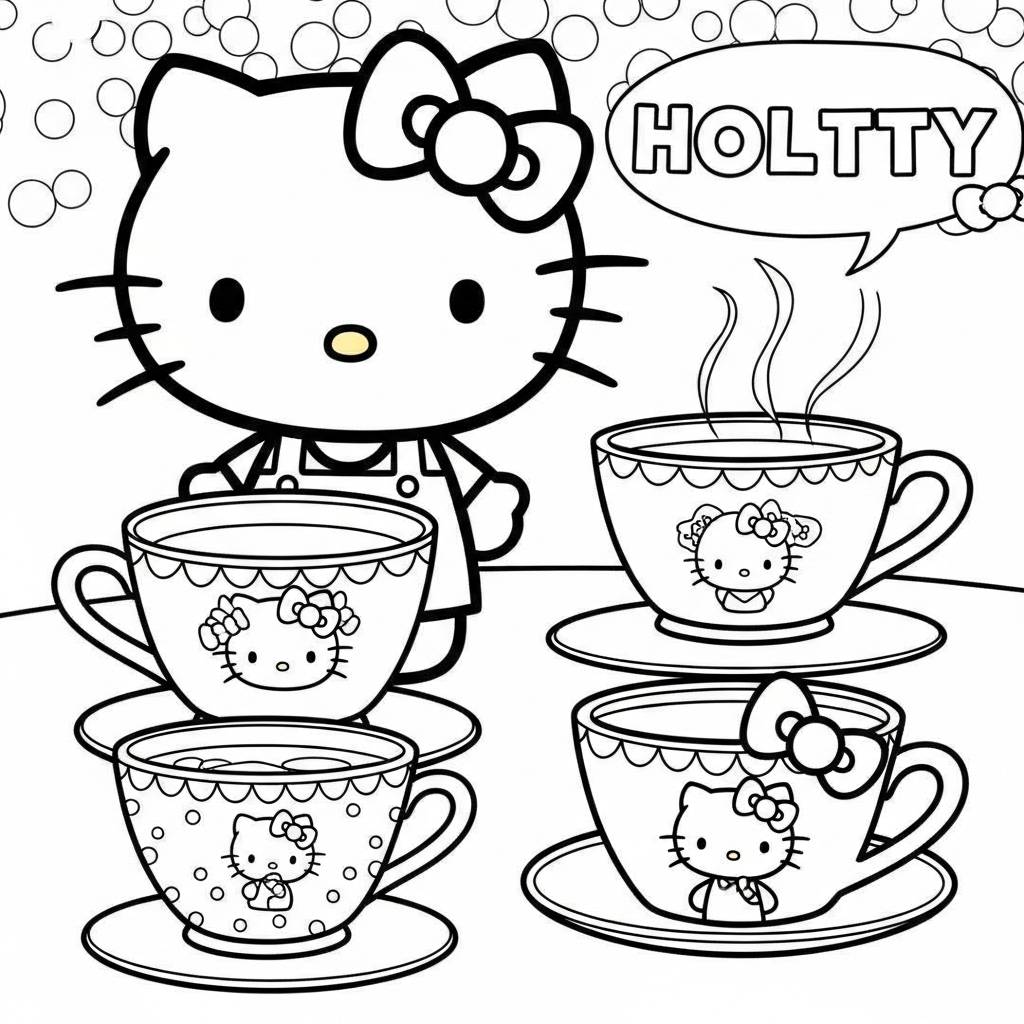 Hello Kitty Tea Party Cups Coloring Page