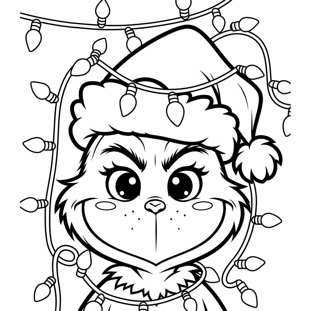 Kawaii Grinch with Christmas Lights Coloring Page