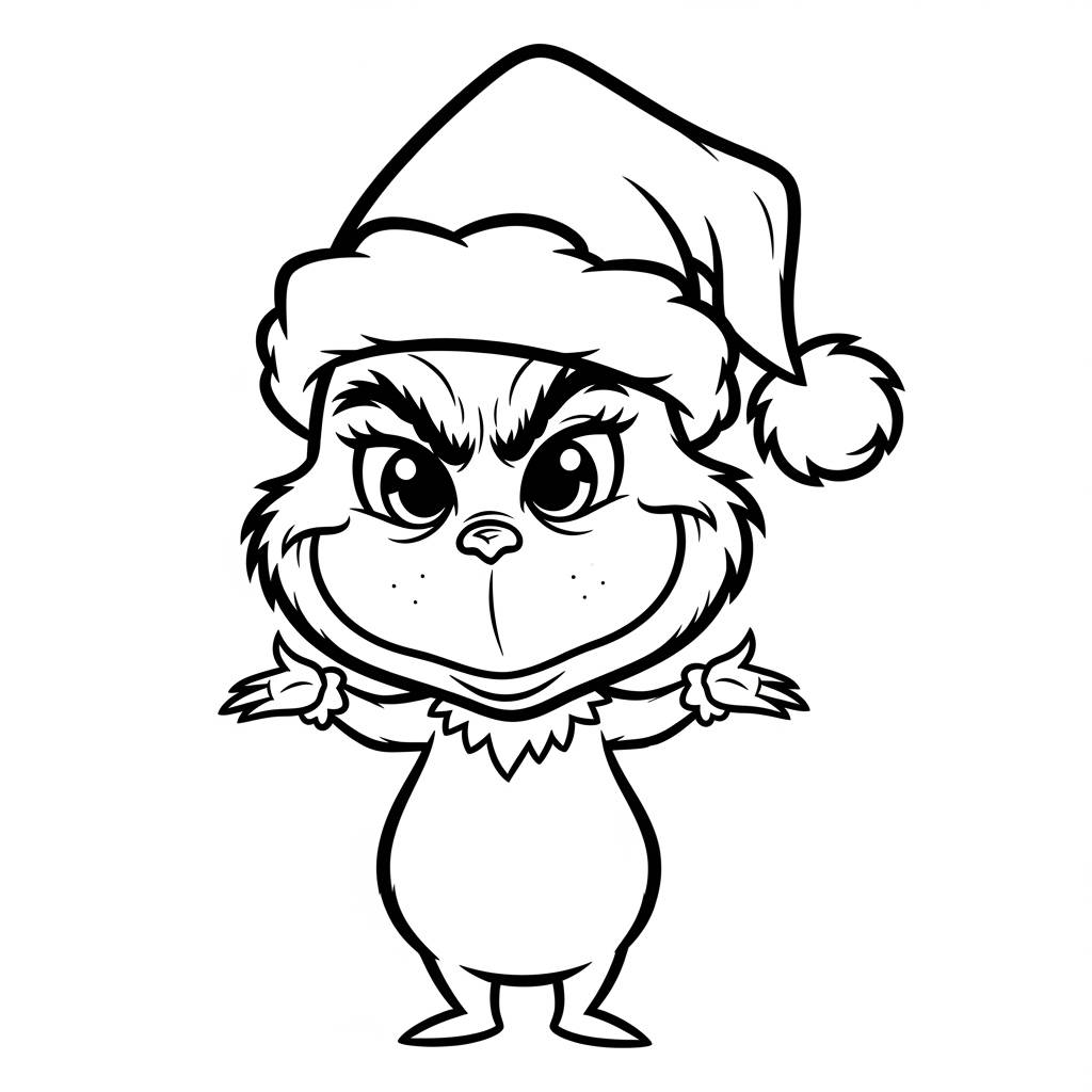 Kawaii Grinch with Santa Hat Coloring Page