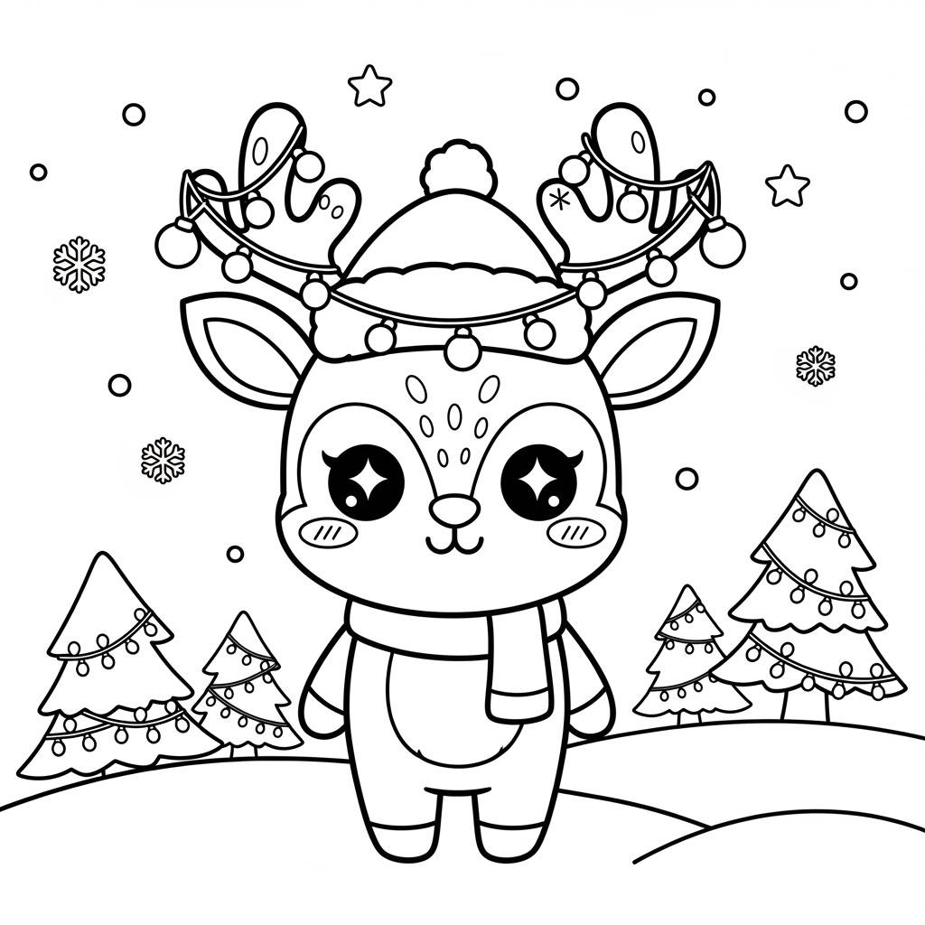 Kawaii Reindeer Christmas Coloring Page