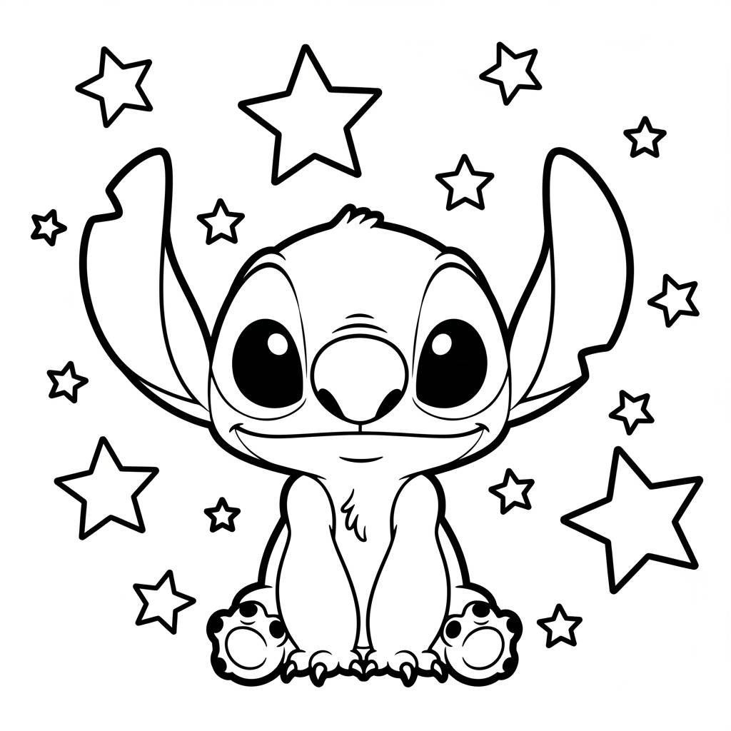 Kawaii Stitch with Stars Coloring Page