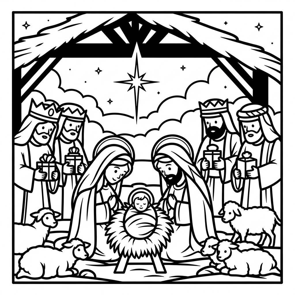 Nativity Scene Coloring Page