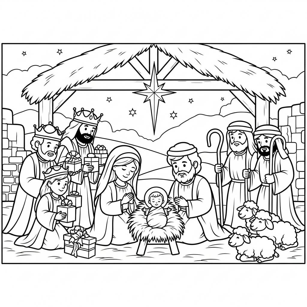 Nativity Scene Coloring Page