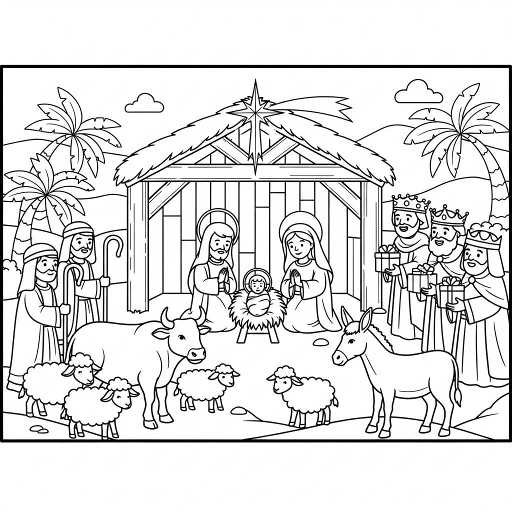 Nativity Scene Coloring Page
