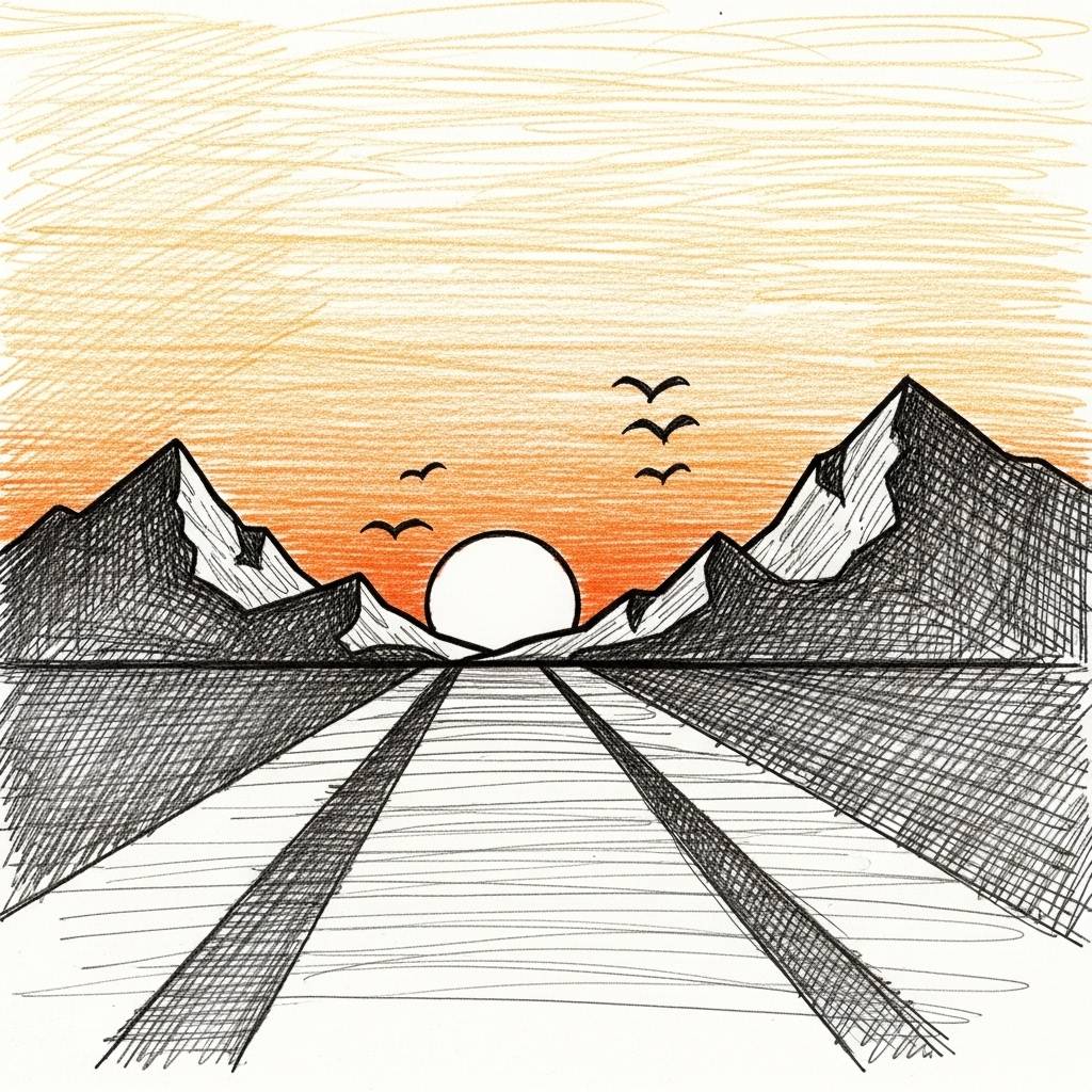 Nature Drawings: Simple Mountain Landscape at Sunset