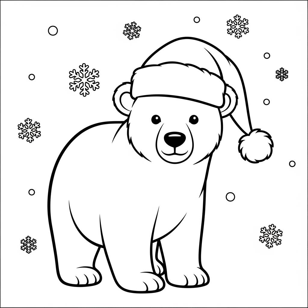 Polar Bear with Christmas Hat Coloring Page