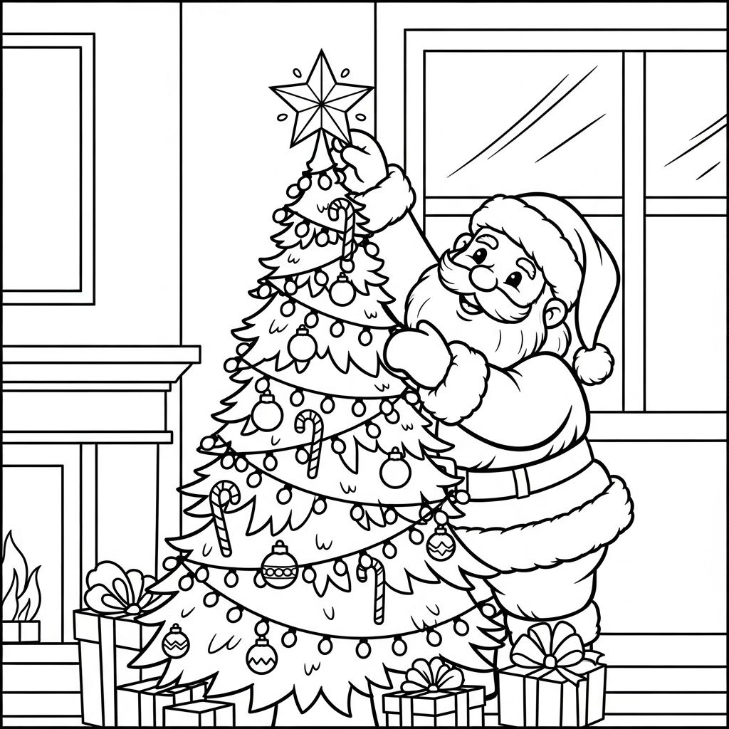 Santa Claus Decorating Christmas Tree Coloring Page
