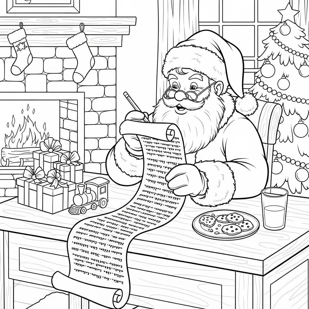 Santa Claus List Checking Coloring Page