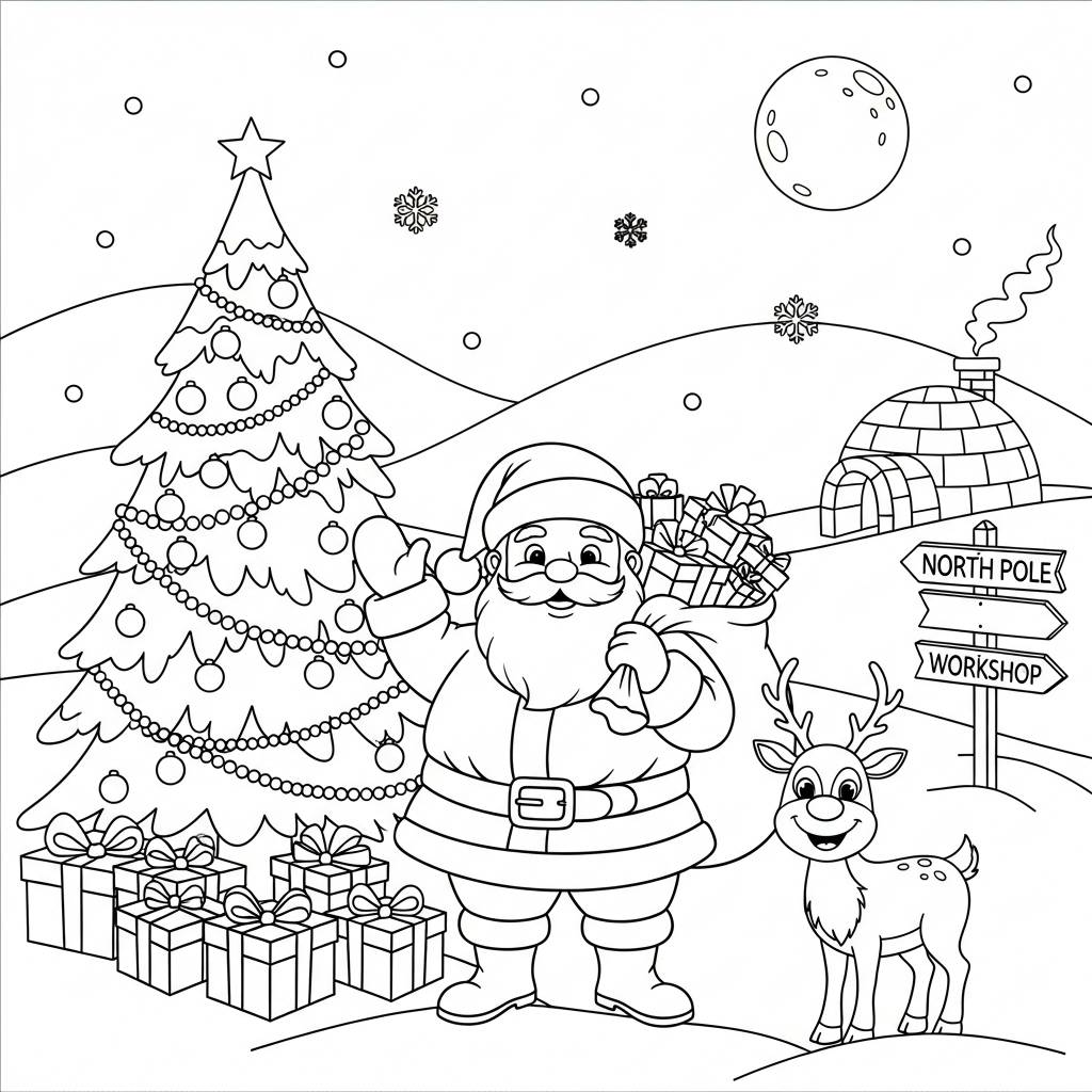 Santa Claus North Pole Scene Coloring Page