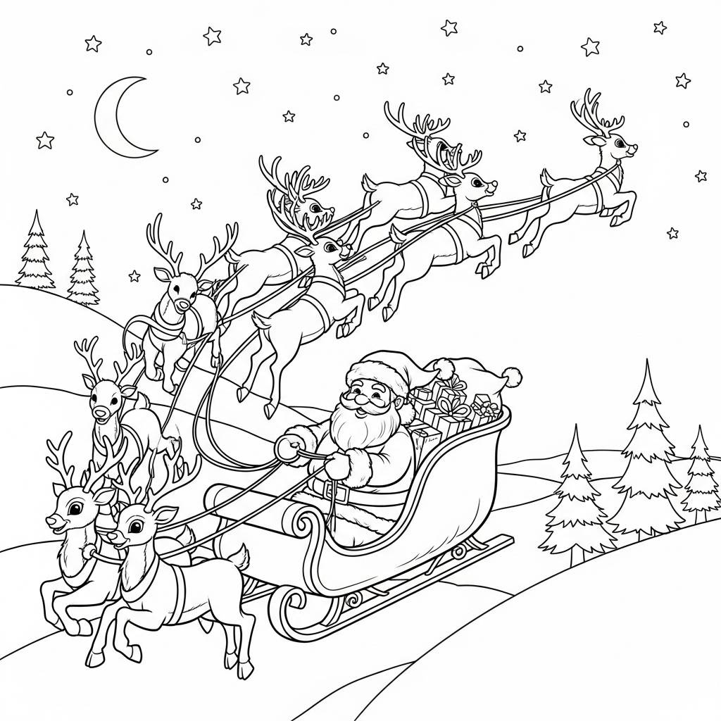 Santa Claus and Reindeer Coloring Page