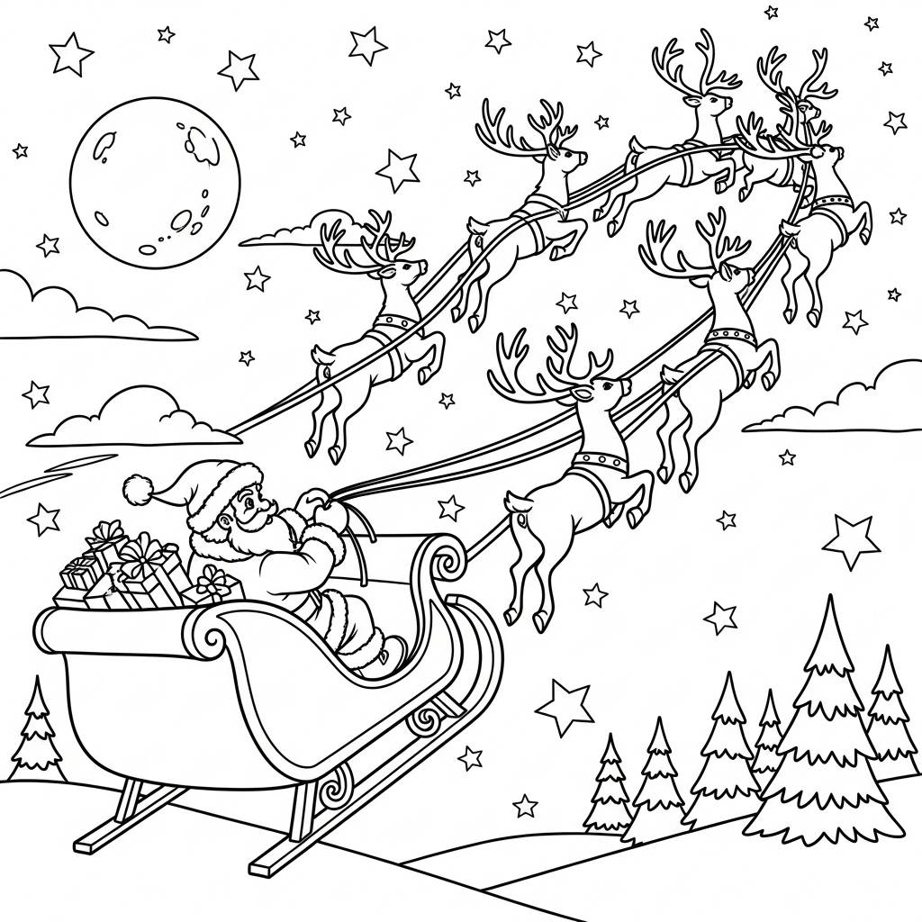 Santa Claus on a Sleigh Ride Coloring Page
