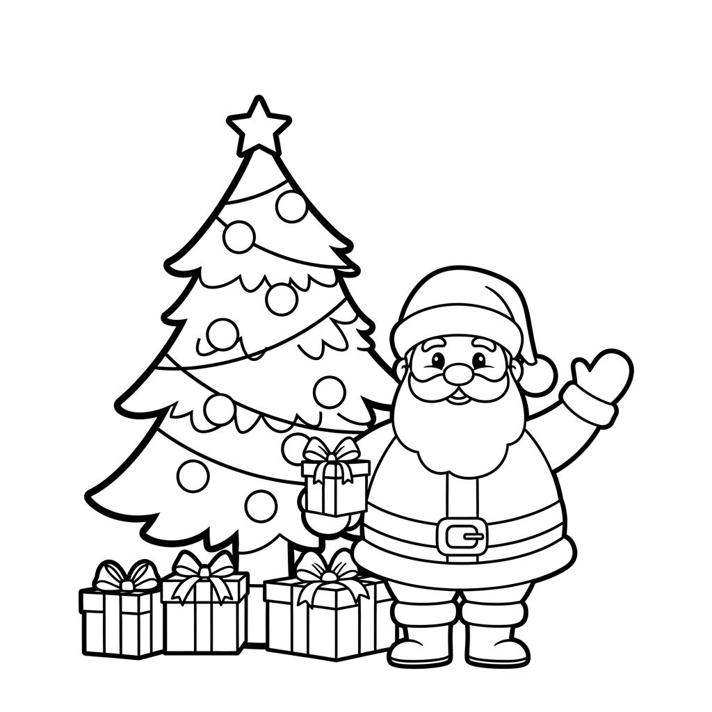 Santa Claus with Christmas Tree Coloring Page