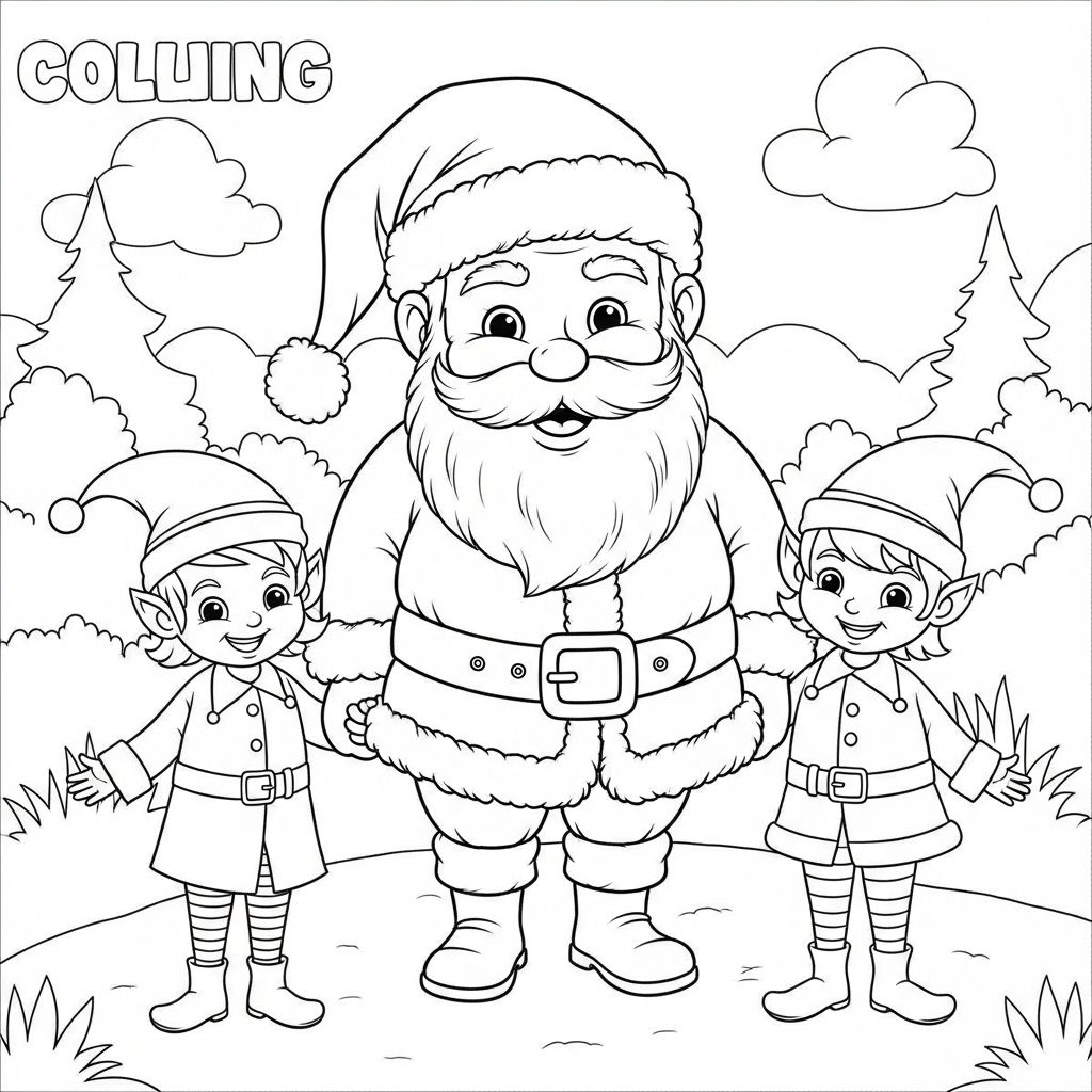 Santa Claus with Elves Coloring Page