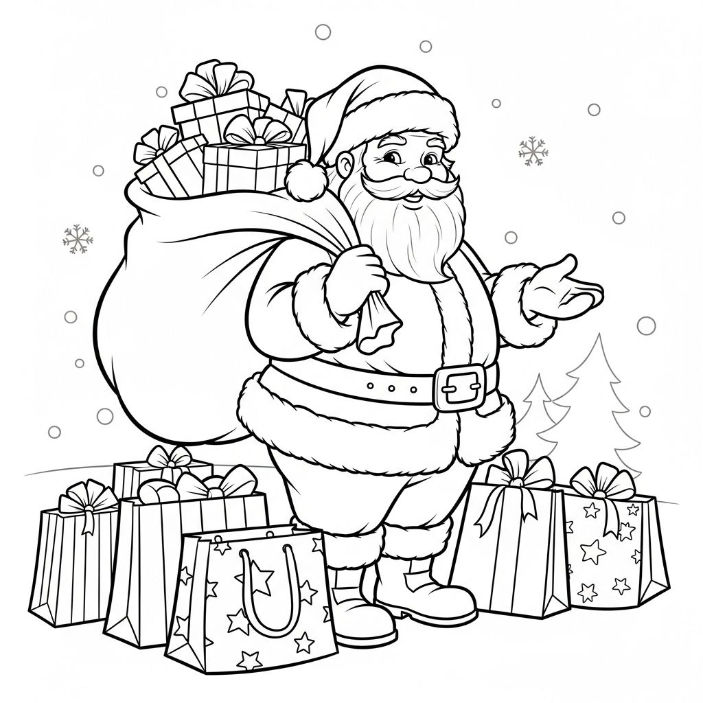 Santa Claus with Gift Bags Coloring Page