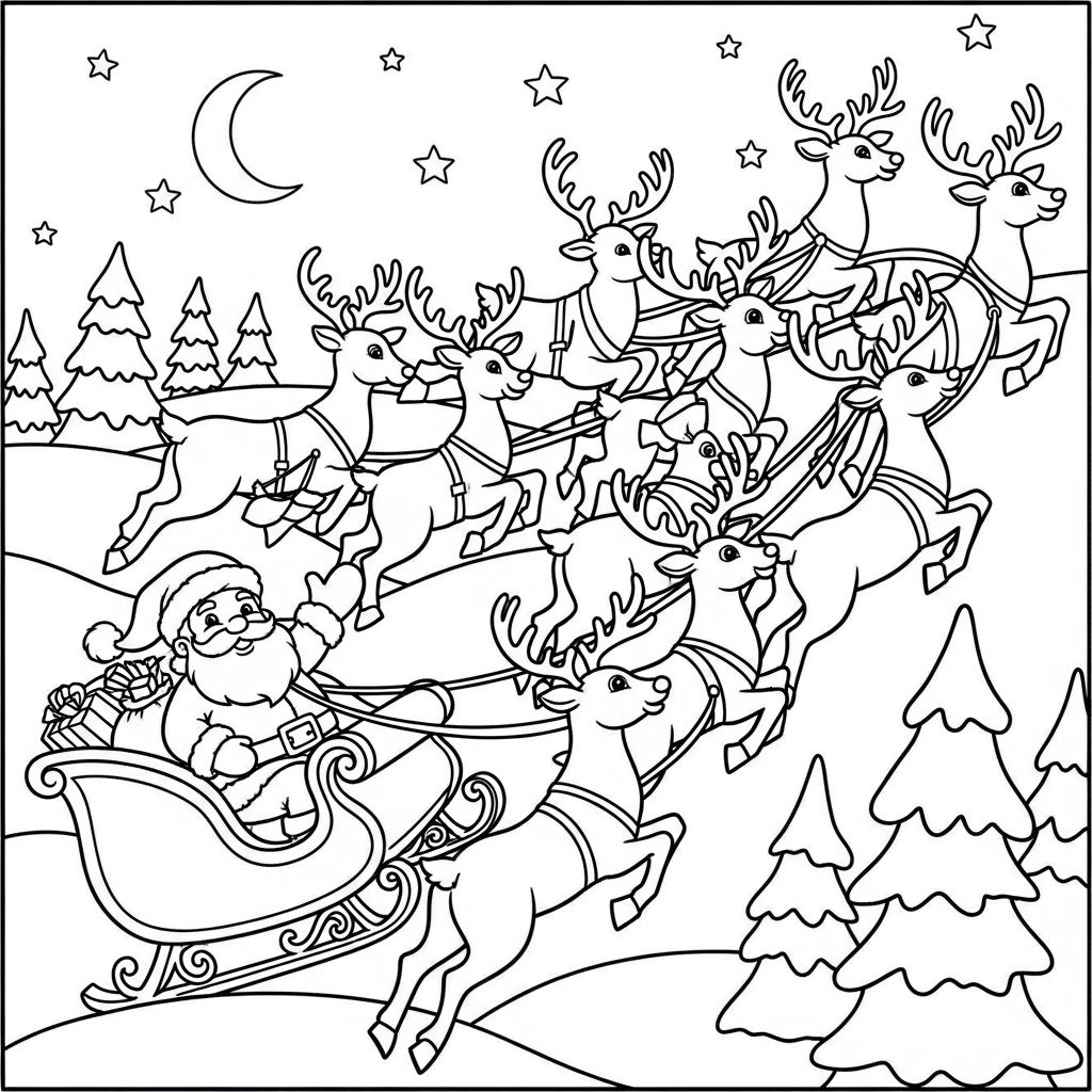 Santa Claus with Reindeer Coloring Page