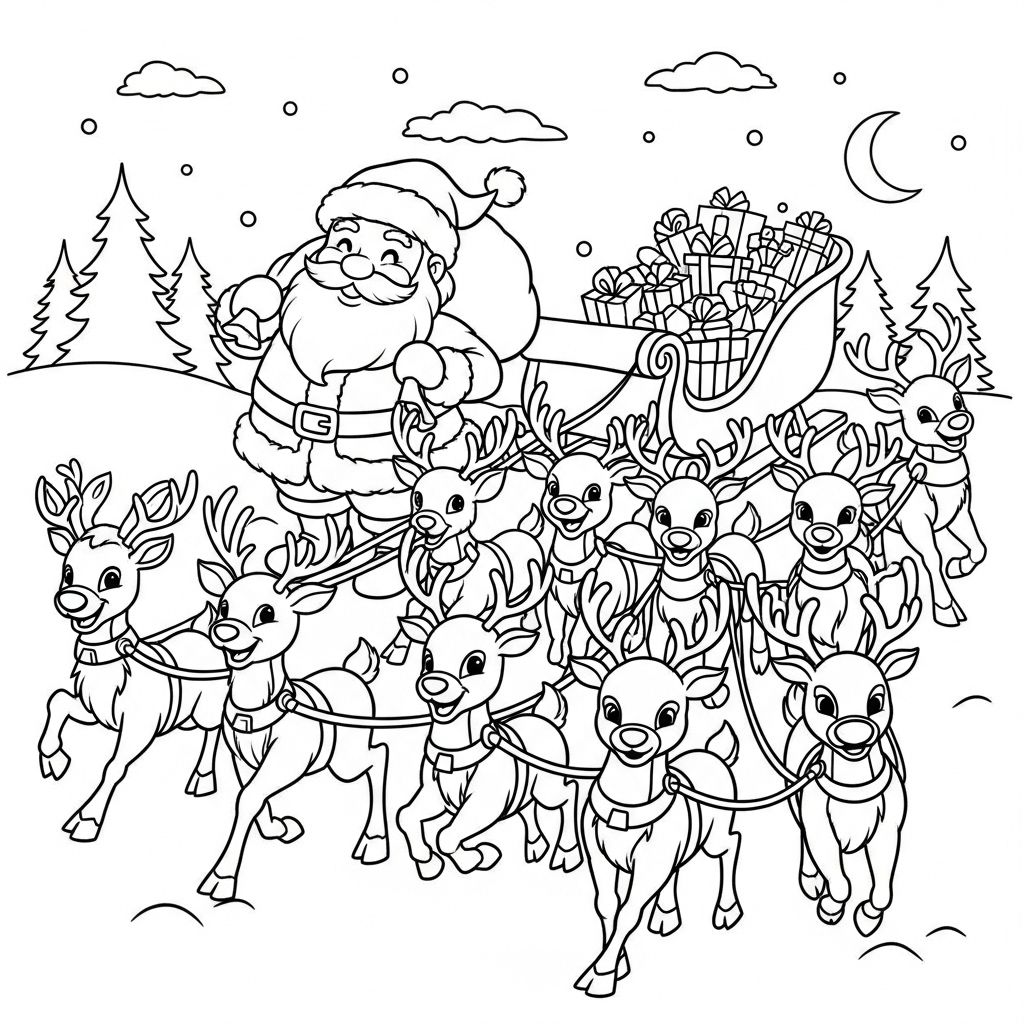 Santa Claus with Reindeer Coloring Page