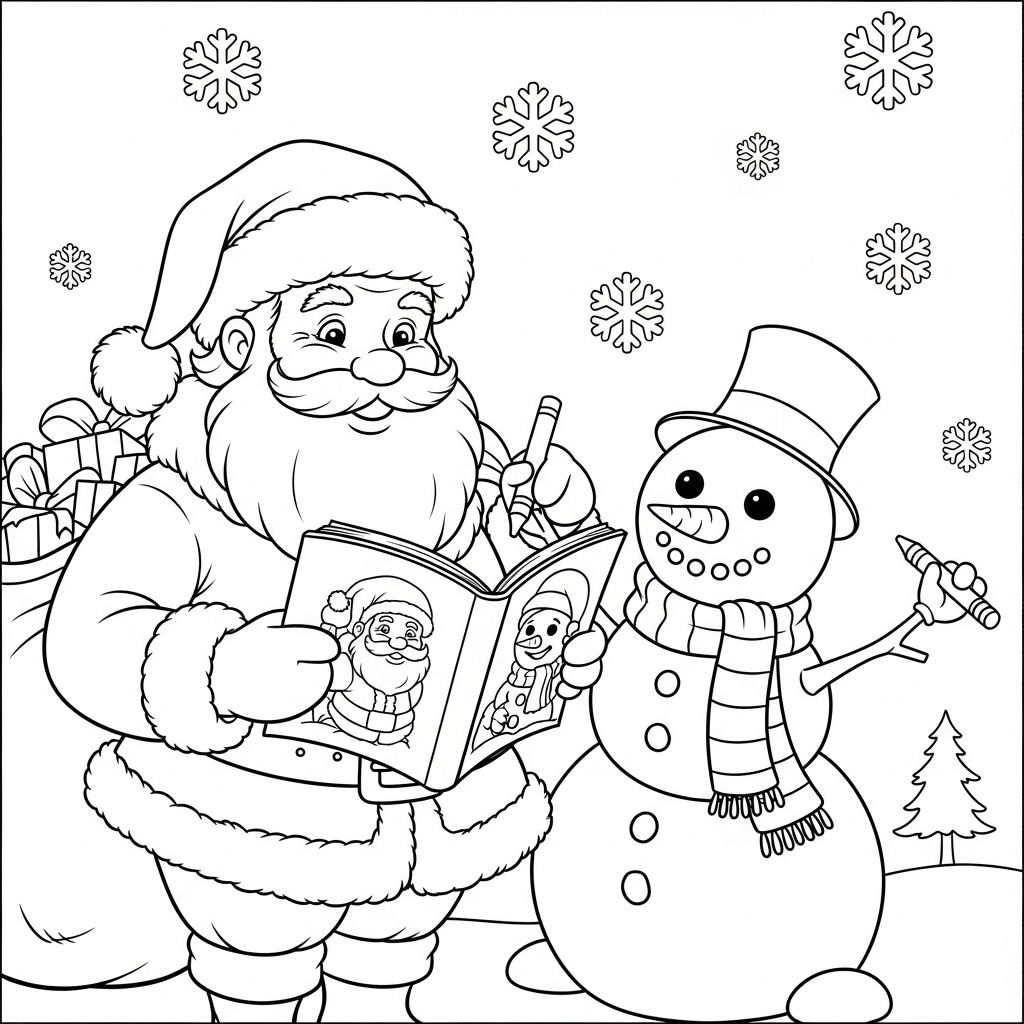 Santa Claus with Snowman Coloring Page