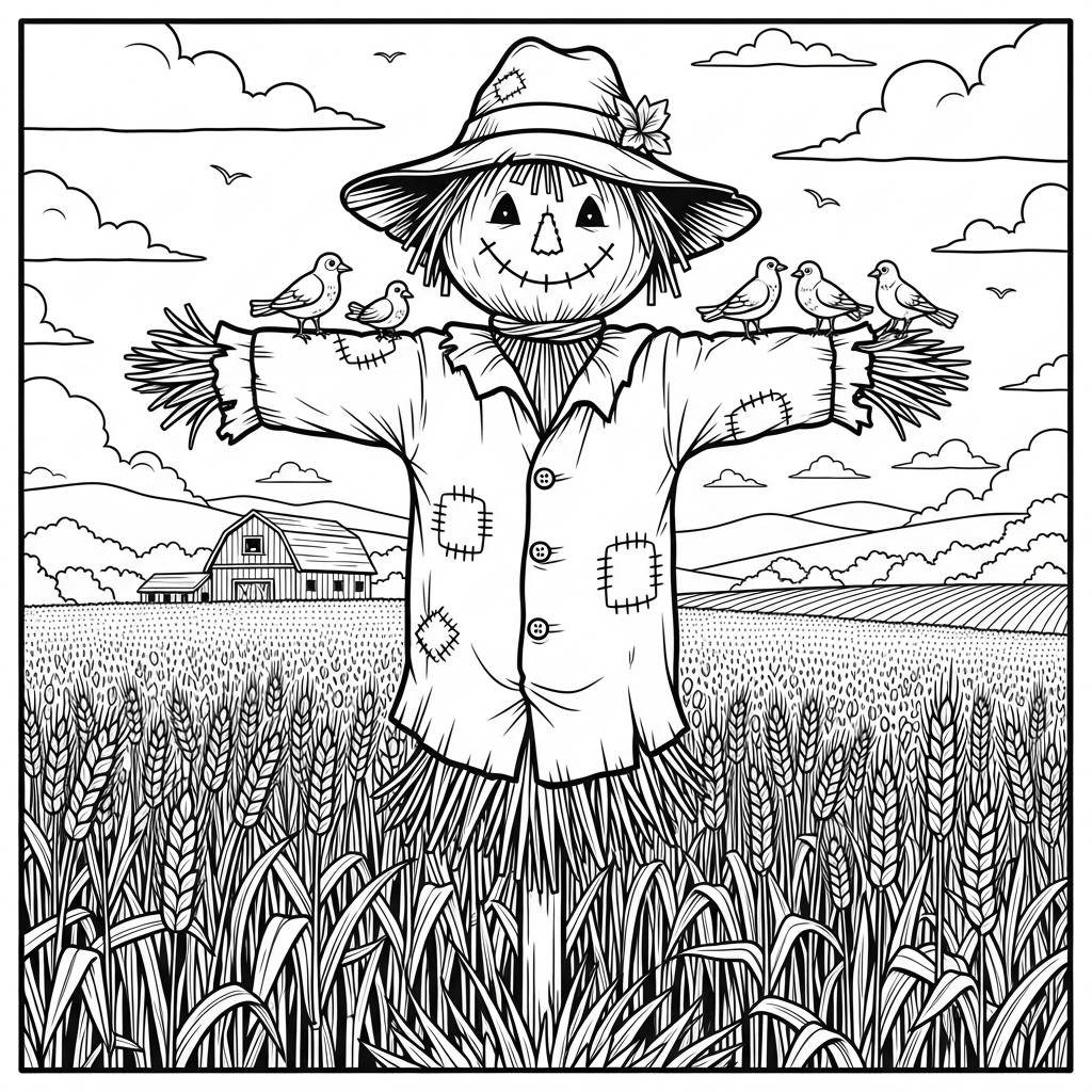 Scarecrow in a Field Coloring Page