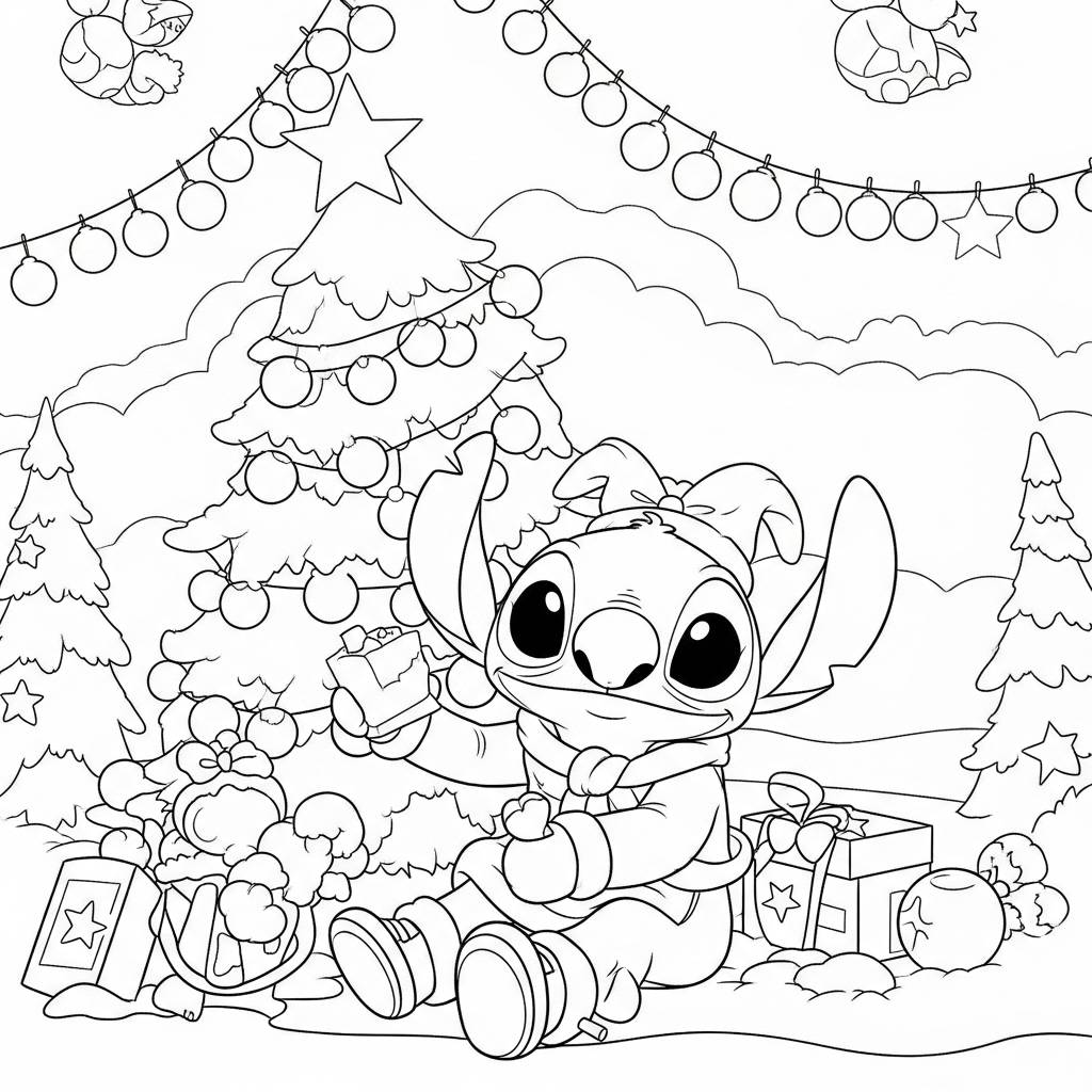 Stitch Christmas Celebration Coloring Page