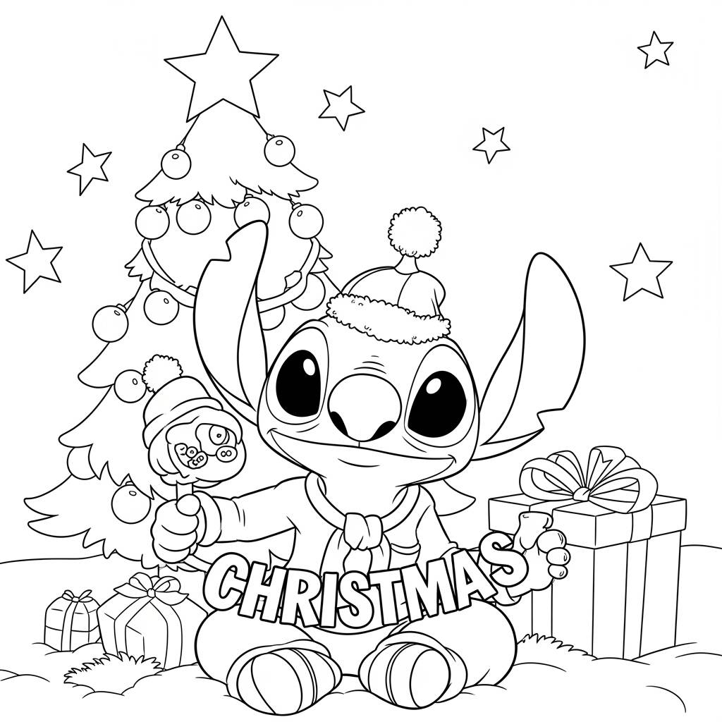 Stitch Christmas Celebration Coloring Page