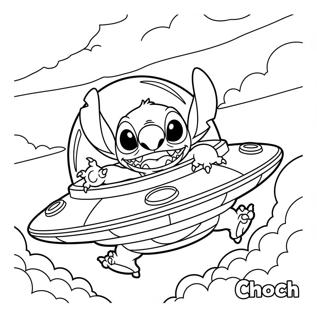 Stitch Flying a UFO Coloring Page
