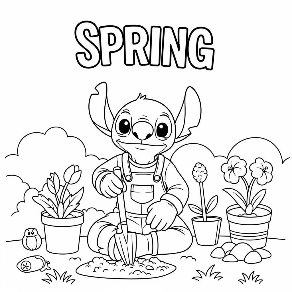 Stitch Gardening in Spring Coloring Page