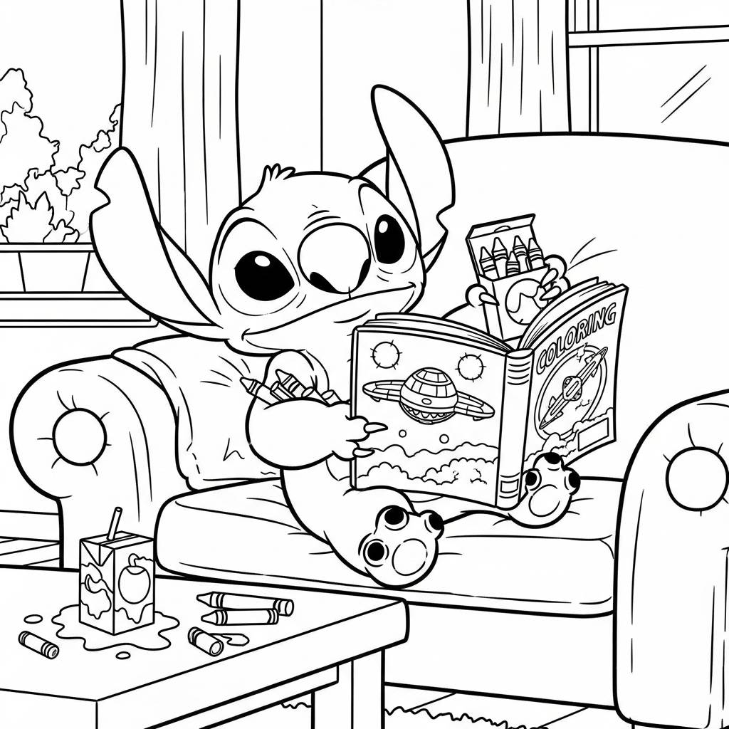 Stitch Relaxing at Home Coloring Page