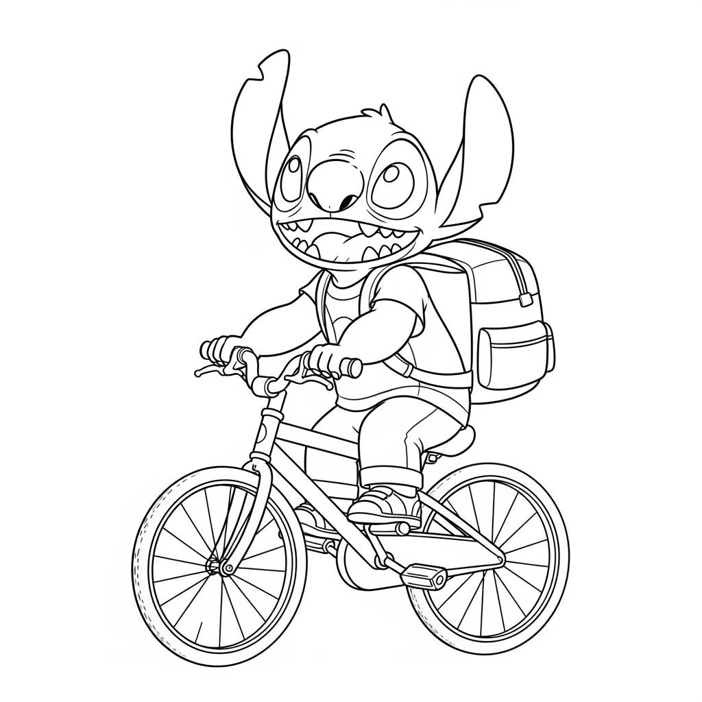 Stitch Riding a Bicycle Coloring Page