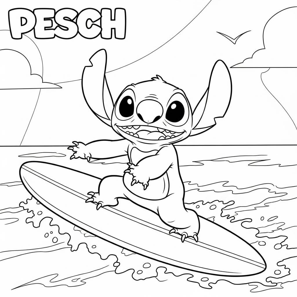 Stitch Surfing on the Beach Coloring Page