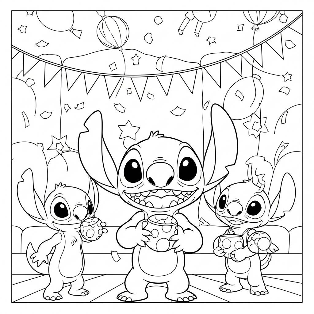 Stitch and Friends Party Coloring Page