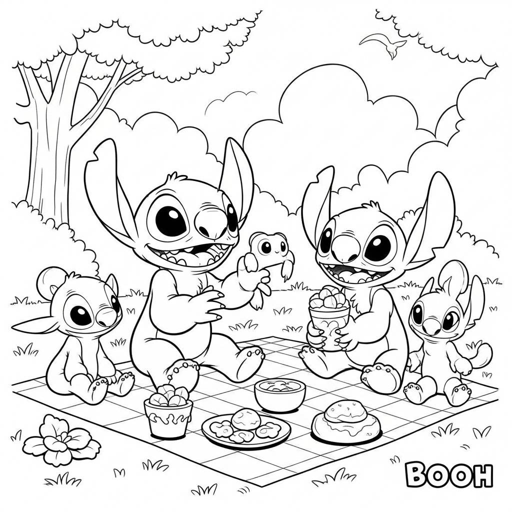 Stitch and Friends Picnic Coloring Page